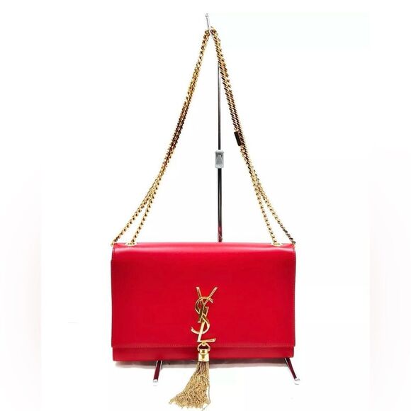 Auth Saint Laurent Red Leather Pompom Kate Clutch Pouchette Tassel Preloved Ex++ - Picture 1 of 16